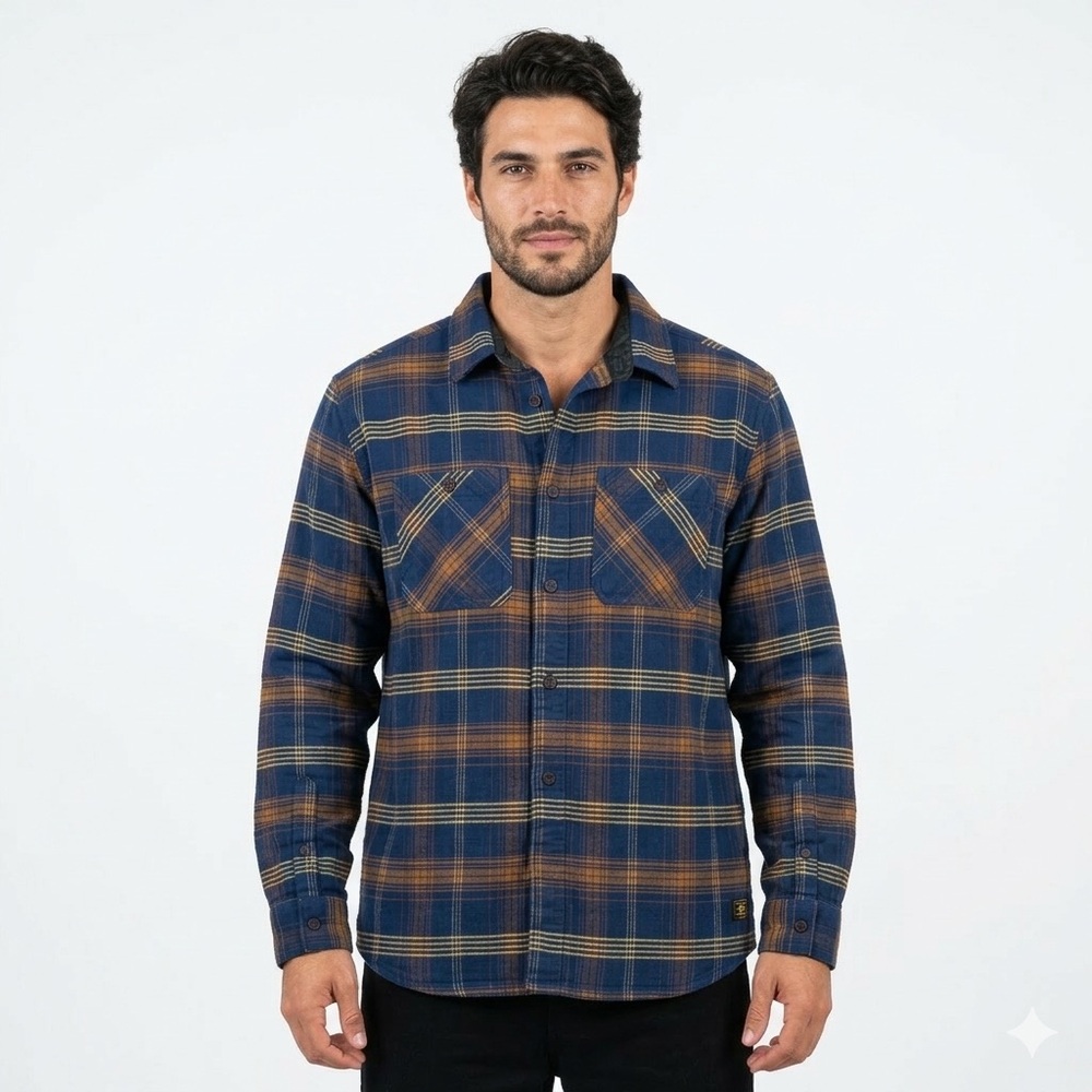 DC Men’s Blue and Brown Flannel Button Down Shirt Large